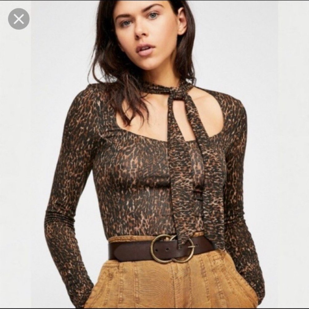 Free People Wild Thing Leopard Print Tie Neck Long Sleeve Top